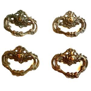 Antique Stamped Brass Knob Finger Drawer Pulls - H77 - Set of 4